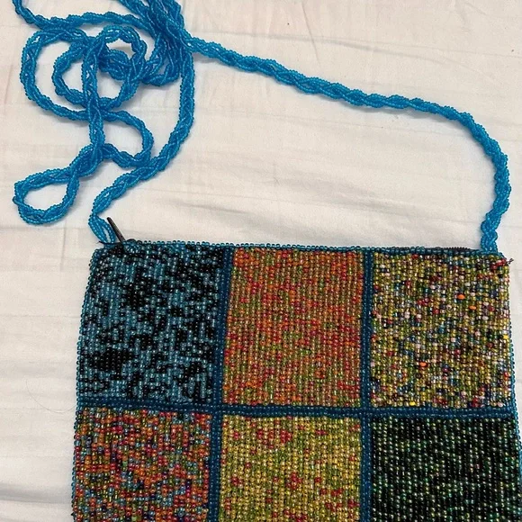 Vintage Hipster Colorful Beaded Cross body Purse Colorblock Pattern Squares - Picture 4 of 9